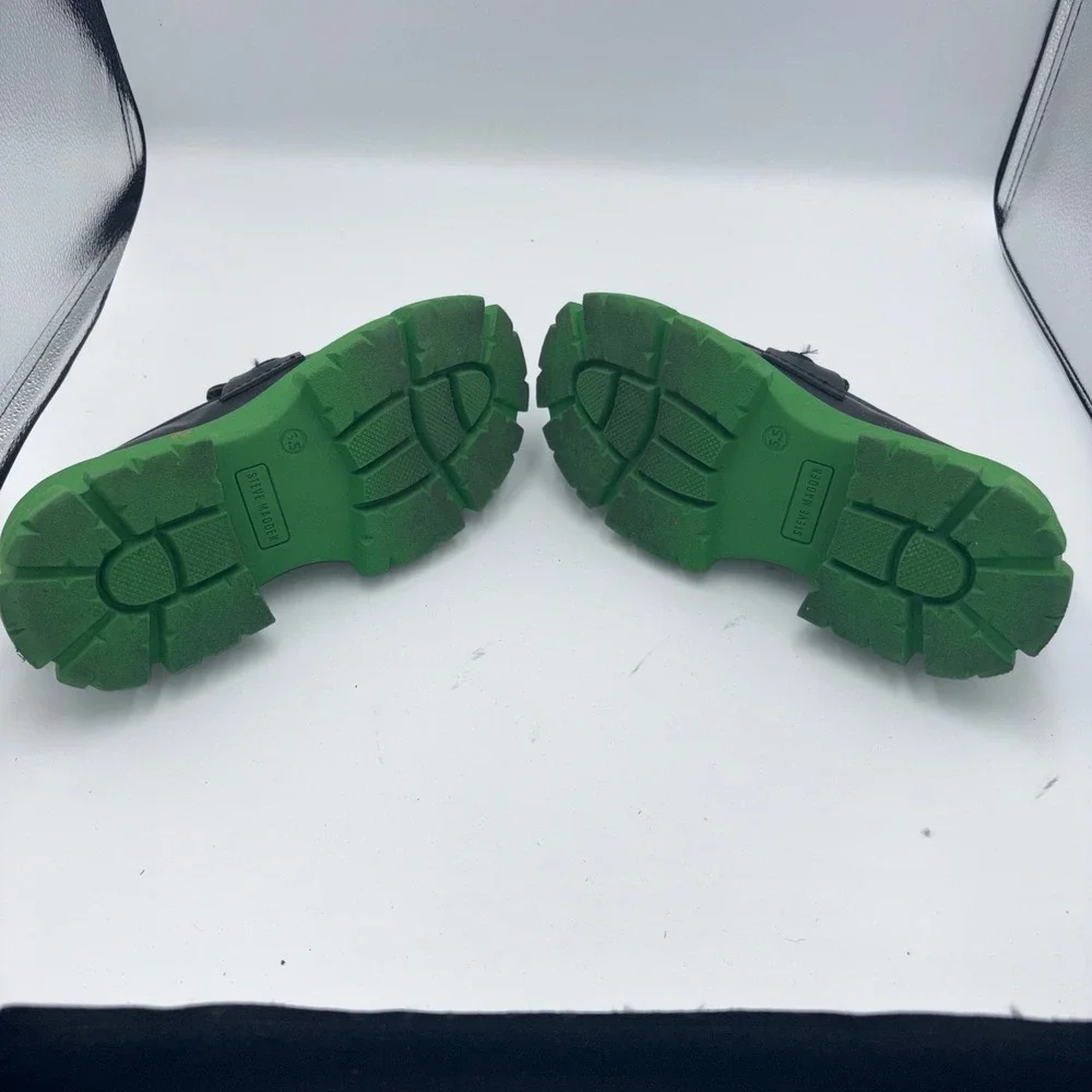 Steve Madden Trifecta Black Leather Green Chunky Platform Lug Loafers 6.5M